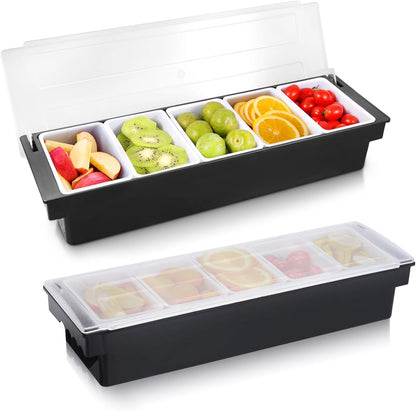 WICHEMI Fruit, Veggie & Condiment Caddy with Lid Dispenser Tray Plastic Garnish Station for Bartending & Serving Taco, Ice Cream, Salad Bar - Topping Organizer for Restaurant Supplies (3 Compartment)