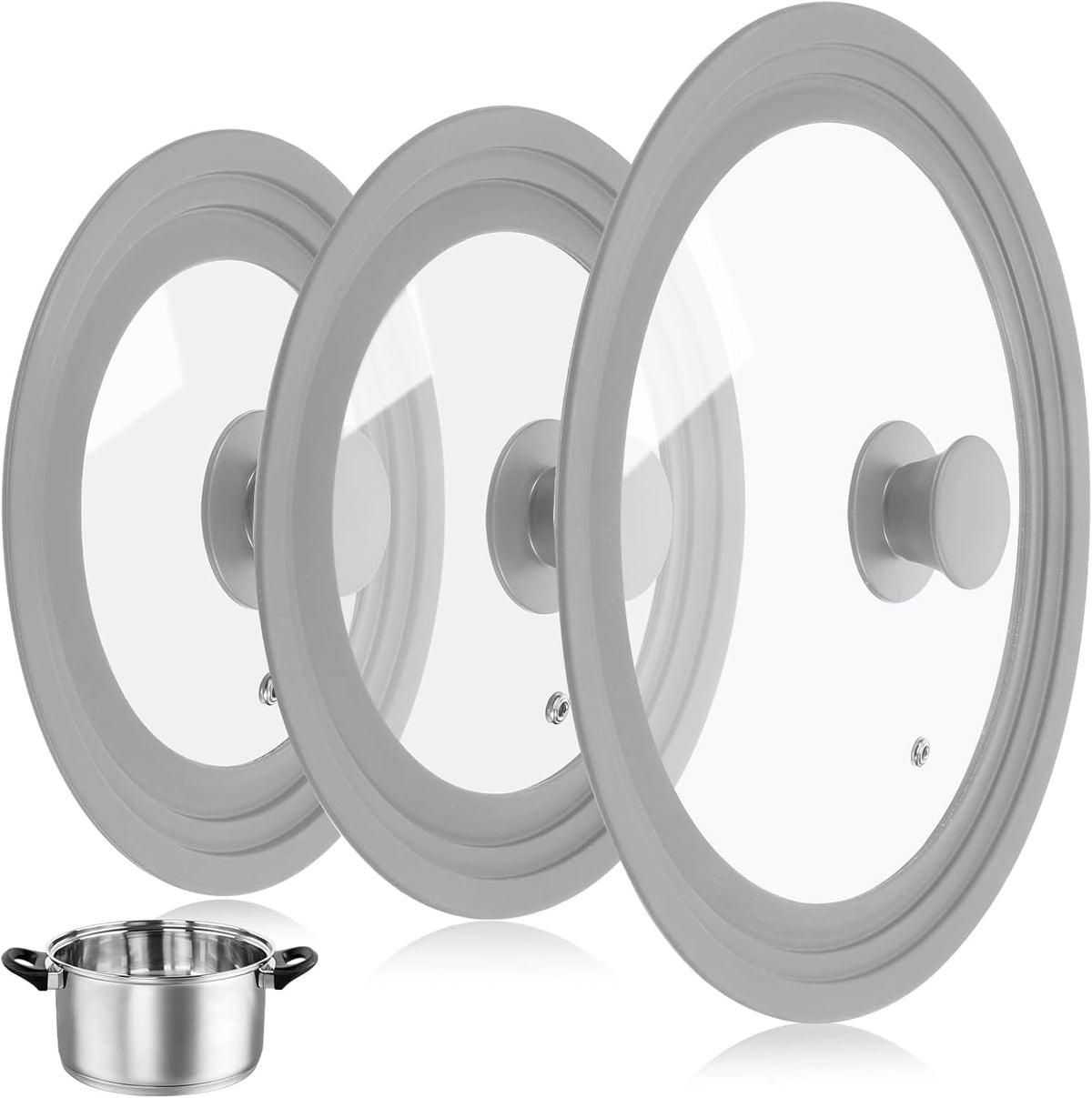 Ptwola 3PCS Universal Pot Lids for Pans and Skillets, Tempered Glass Replacement Cast Iron Frying Pan Cover with Heat Resistant Silicone Rim, Fits All 6" to 12" Diameter Cookware