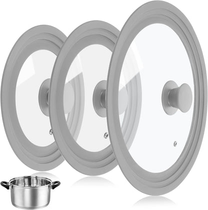 Ptwola 3PCS Universal Pot Lids for Pans and Skillets, Tempered Glass Replacement Cast Iron Frying Pan Cover with Heat Resistant Silicone Rim, Fits All 6" to 12" Diameter Cookware