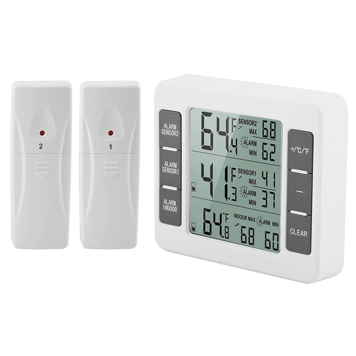Fridge Thermometer, Digital Refrigerator Freezer Thermometer Monitor with 2 Sensors with Audible Alarm, for Indoor and Outdoor Use, Easy to Read LCD Display