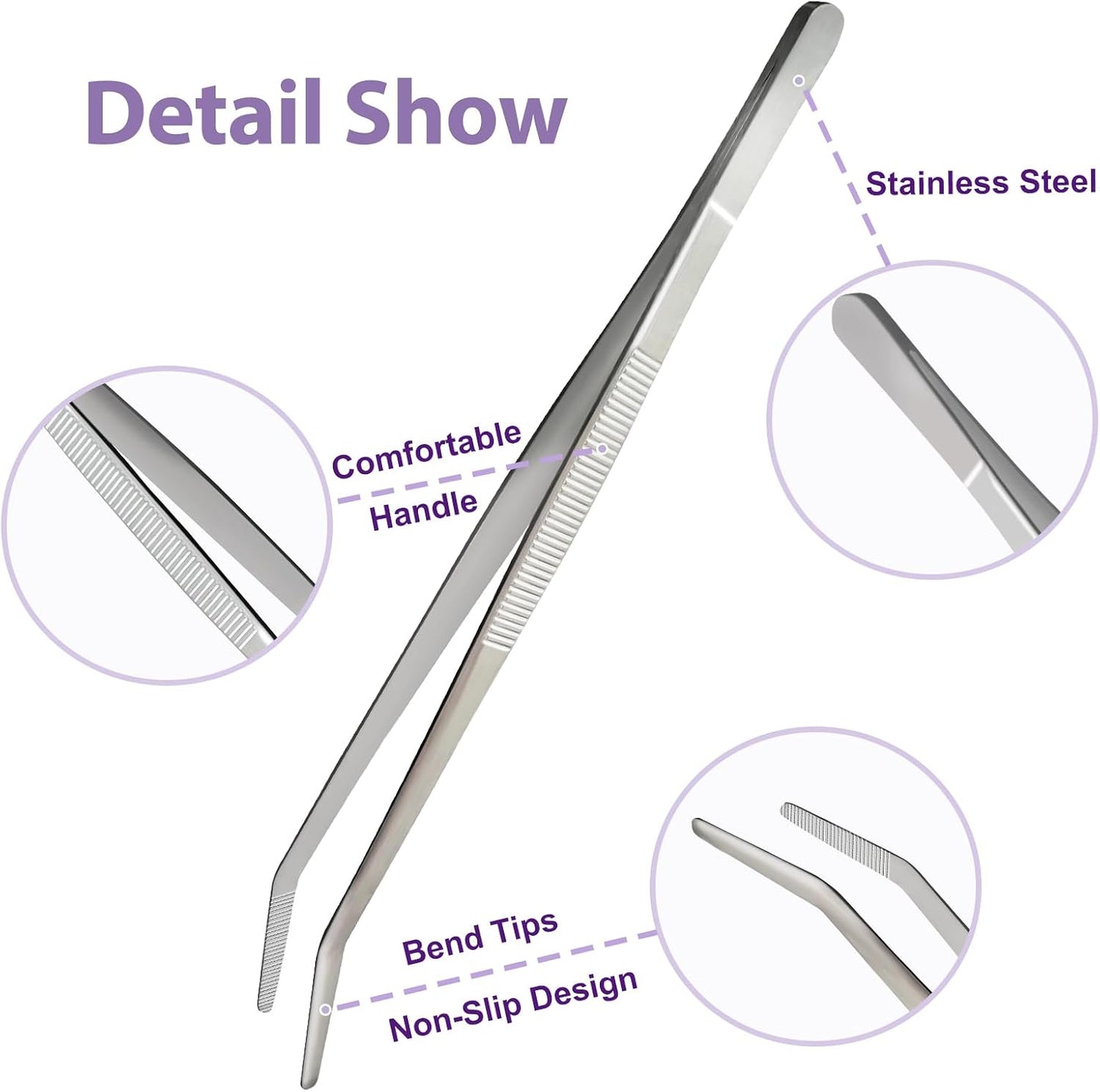 8-Inch Kitchen Tweezers Stainless Steel Culinary Plating Tweezer, Professional Chef Tweezer Food Tongs (Curved Head, Sliver)