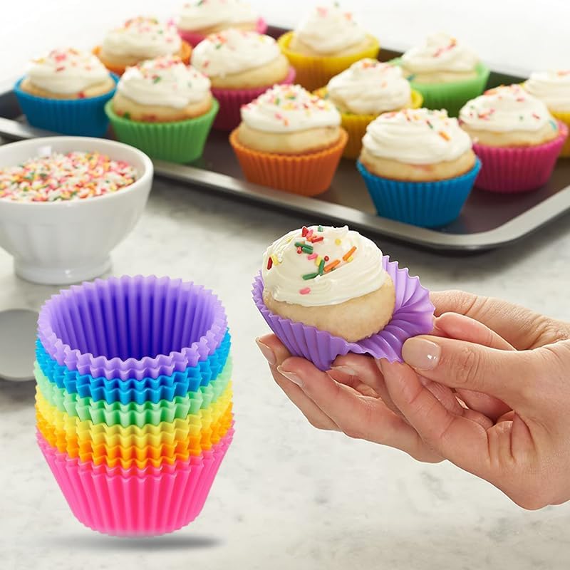 12 Pack Reusable Silicone Baking Cups Set(2.8" Lx1.4" H), Non-stick Muffin Liners, Easy To Clean & Heat-resistant Muffin Molds for Party Birthday Halloween Christmas(Multicolor)