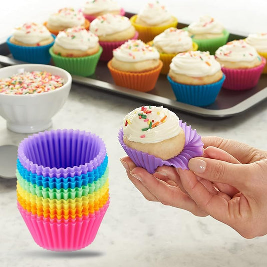 12 Pack Reusable Silicone Baking Cups Set(2.8" Lx1.4" H), Non-stick Muffin Liners, Easy To Clean & Heat-resistant Muffin Molds for Party Birthday Halloween Christmas(Multicolor)