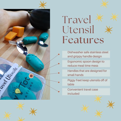 Kids Travel Utensil Set with Case. Include Fork, Universal Spoon, & Ergonomic Right Handed Spoon. Easy grip handles, 304 stainless utensils, feet to keep the utensils off surfaces.