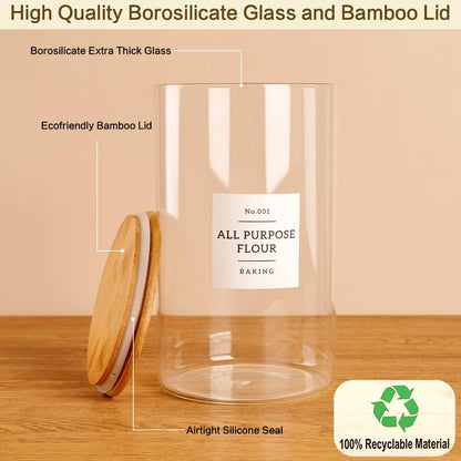 Large glass flour and sugar containers with 132 Kitchen Pantry Labels - 110 oz Glass Food Storage Containers with Airtight Lids - Square Glass Jars with Bamboo Lids for Rice, Pasta, Cookies, grain