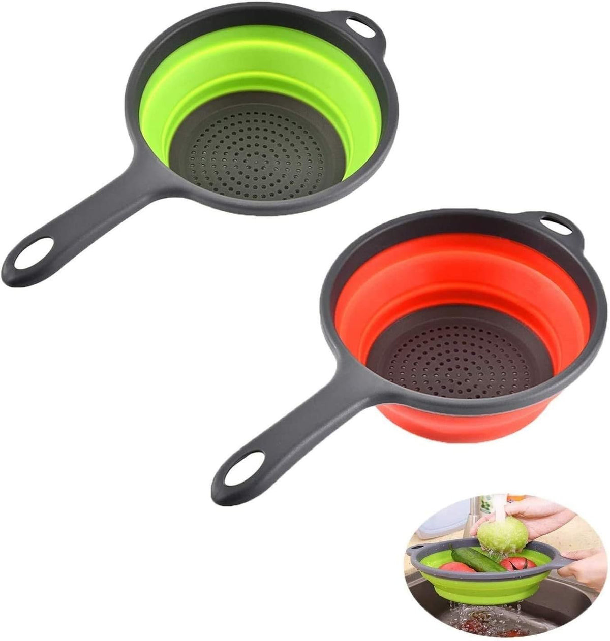 Foldable Silicone Strainer Colanders with Handles, Green and Red, 2 Pack