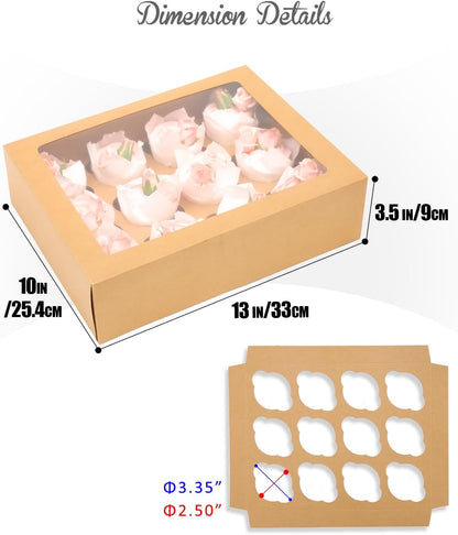 Bakepacker Auto-pop up 12 Cupcake Containers 6-Packs Brown Cupcakes Carrier, 12 Cupcake Boxes with Window 13"x10"x3.5"