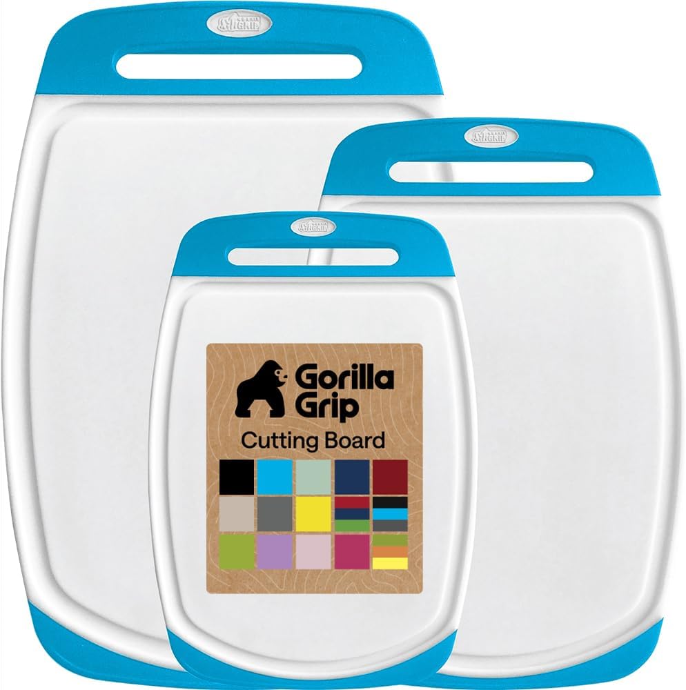 GORILLA GRIP BPA-Free Reversible Kitchen Cutting Board Set of 3, US Designed, Nonporous, Juice Grooves Catch Liquid, Slip Resistant Border, Dishwasher Safe, Durable Large Food Chopping Boards, Black