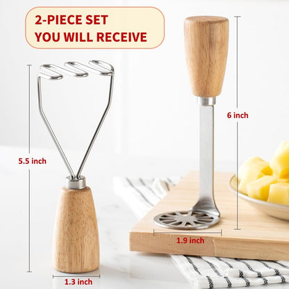 Small Potato Masher,Stainless Steel Tool Ergonomic Non‑Slip Wooden Handle