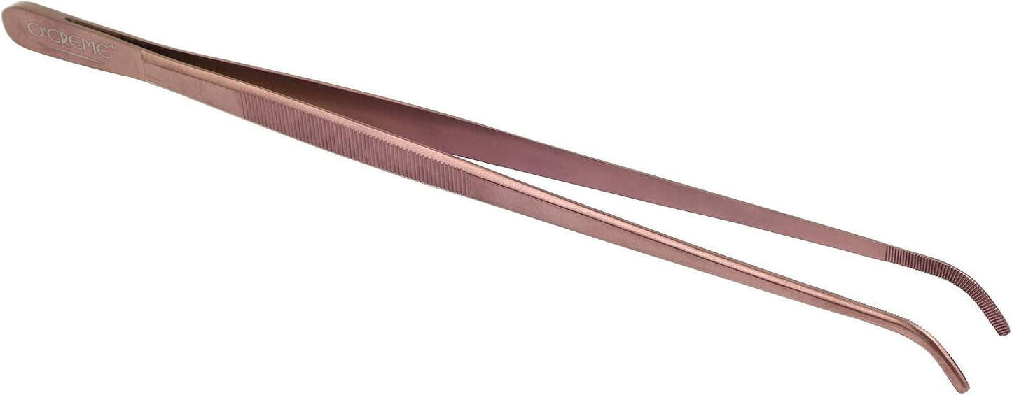 O'Creme 12 Inch Stainless Steel Precision Kitchen Culinary Tweezer Tongs (12" Curved, Rose Gold)