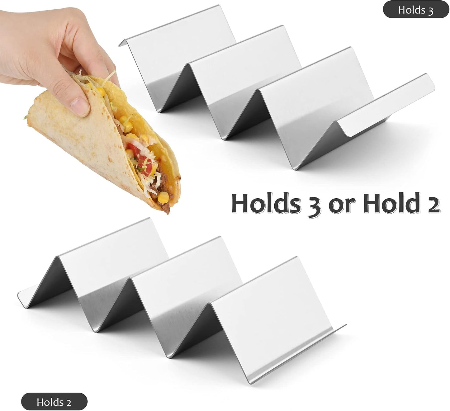 Stainless Steel Taco Holder Set - Stand with Handle, Holds Up to 3 Tacos Each