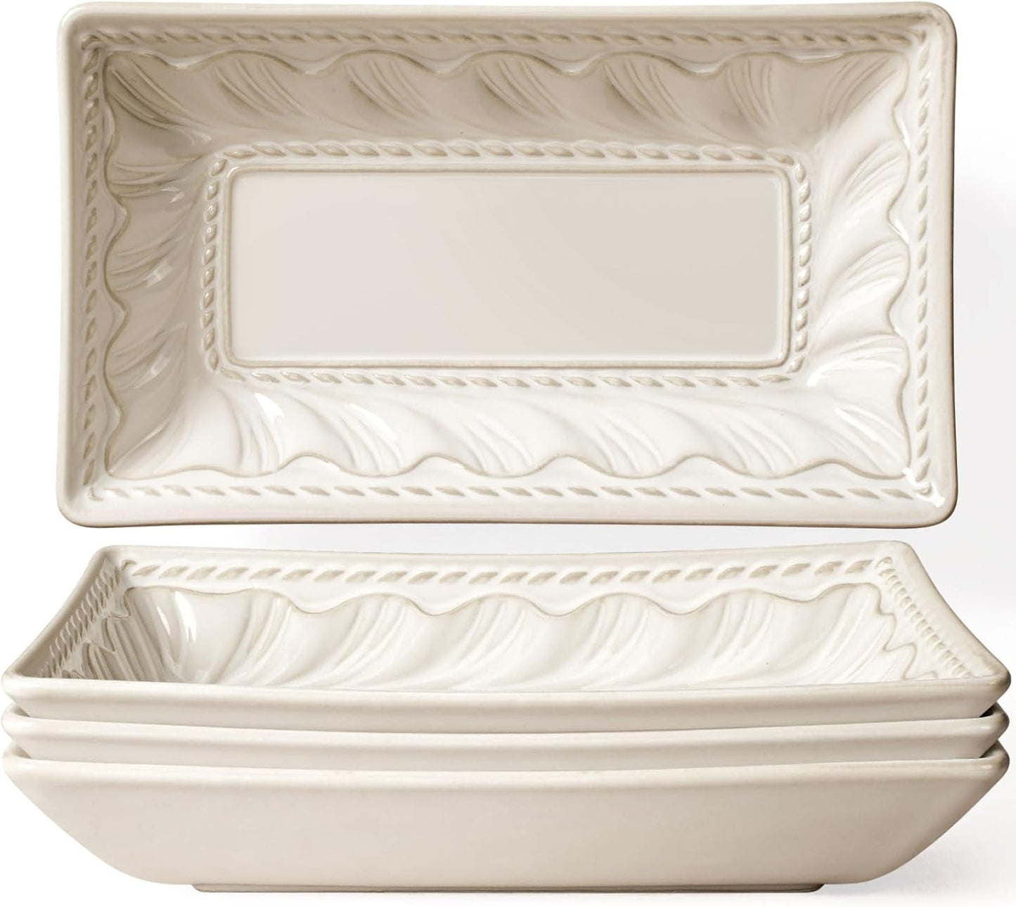 Artena 9.85" Ceramic Rectangle Plates Set of 4 - Deep Lipped Edges, Appetizer Salad Sushi Pasta Dessert Plates, Microwave/Oven Safe, Cute Kitchen Dinner Restaurant Serving Dishes (Wheat Leaf)