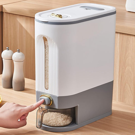 Automatic Rice Dispenser, Large Grain Storage Bin with Lid Measuring Cup, Press Type Airtight Storage Container for Rice, Sugar, Beans, Grains and Small Dry Food, Keep Dry