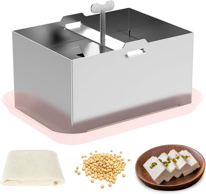 Tofu Press Stainless Steel,SUS304 Paneer Maker with Presser Towel & Drip Tray,Drainage System Hole for Making Up To 2 Pounds,Heavy Duty Easy-to-Use Kitchen Tool with Adjustable Pressure