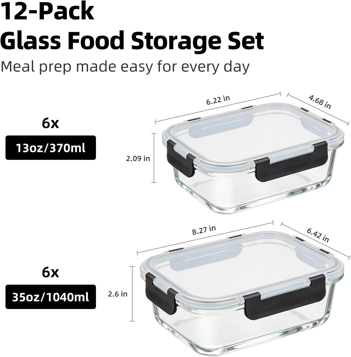Konokyo Square Glass Food Storage Containers with Lids, 12 Pack Airtight Leakproof Meal Prep Containers, BPA-Free, Microwave Oven Freezer & Dishwasher Safe, Assorted Sizes