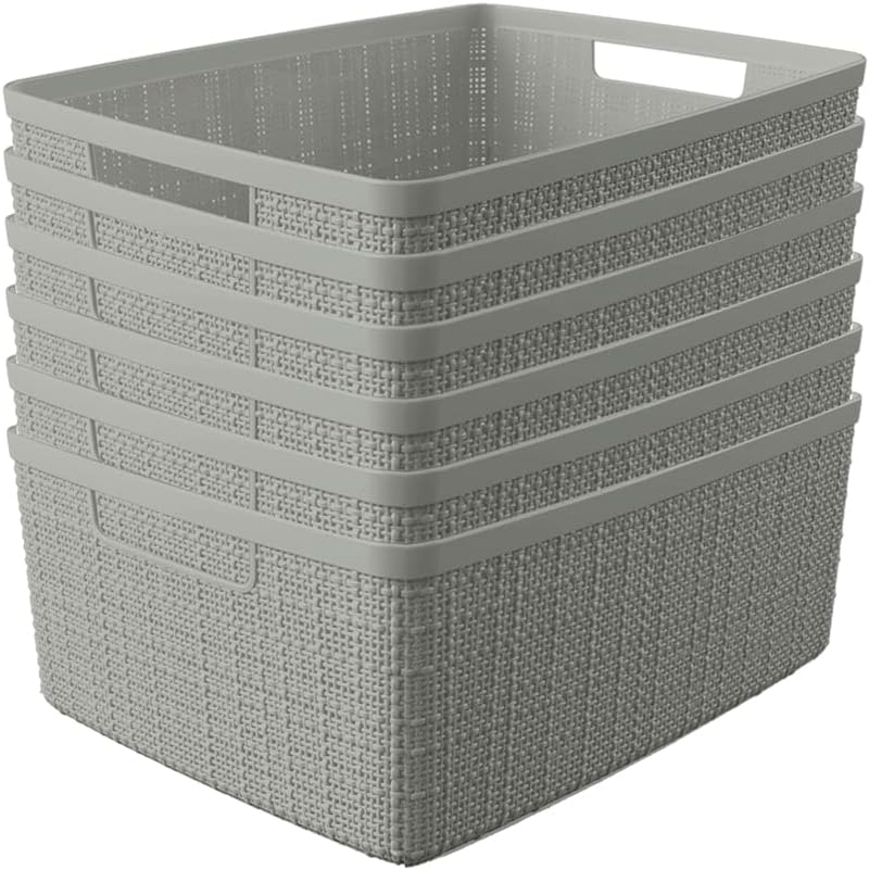 Curver Set of 4 Large 18L Easy Access Jute Decorative Plastic Organization and Storage Baskets - Perfect Bins for Home Office, Closet Shelves, Kitchen Pantry and All Bedroom Essentials, Black