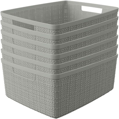 Curver Set of 4 Large 18L Easy Access Jute Decorative Plastic Organization and Storage Baskets - Perfect Bins for Home Office, Closet Shelves, Kitchen Pantry and All Bedroom Essentials, Black
