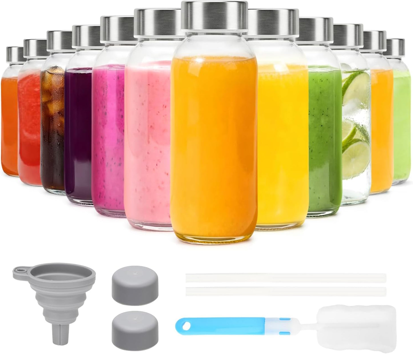 Glass Juice Bottles with Lids 10 oz, 6 Pack Reusable Small Glass Bottles with Stainless Steel Caps & Straws, BPA-Free Leak proof Juice Bottle Containers for Juicing, Milk, Smoothies & Fridge