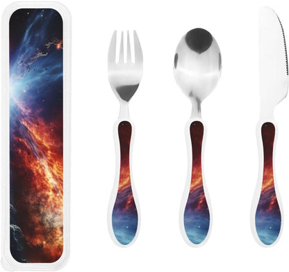 3-Piece Kids Silverware Set With Storage Case, Stainless Steel Reusable Children Safe Knife Spoon Fork Set Blue Active Girl Running Sunset Children Flatware Set For Kids Lunch Box - Colors B