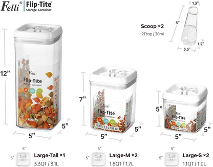 Felli Flip Tite Acrylic Food Storage Container with Lid 6” XL Air Tight Ring Seal Flip Top, Plastic Kitchen Baking Canister for 5 lb Flour Sugar Rice Protein Powder Pantry Organizer (Nest-M, White)