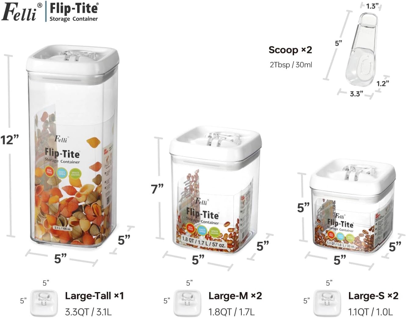 Felli Flip Tite Storage Container with Lid 4” RECTANGULAR Airtight Ring Flip Top, Stackable Kitchen Counter Pantry Organizer Acrylic Canister Jar for Pasta Spaghetti Cereal Granola Coffee (1.9qt)