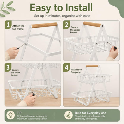 mahueeol 2-Tier Metal Fruit Basket for Kitchen Counter with Wooden Handle | Detachable rectangular baskets hold fruits, vegetables, bread and snacks; use stacked or separately in kitchens and pantries