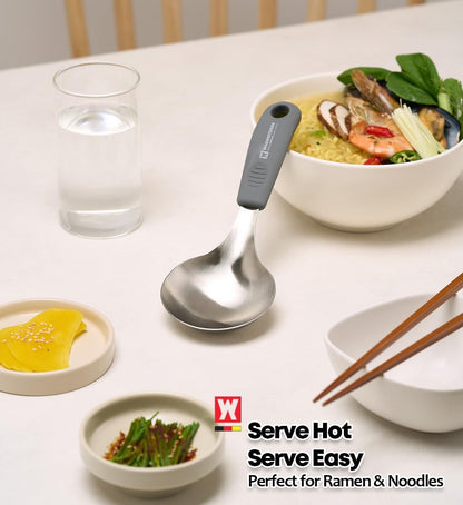 Short Stainless Steel Ladle 220mm (8.6”) – SUS304 Thick Deep Bowl Head with Soft-Grip Silicone Handle – Lightweight Mini Soup & Serving Spoon for Cooking – 5 Color Options (Gray)