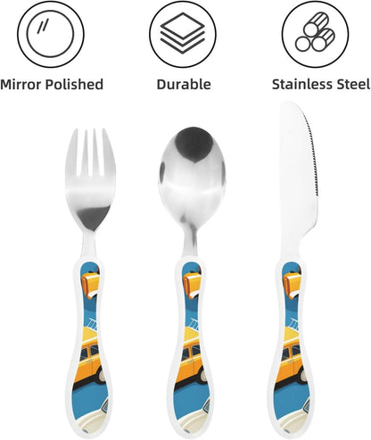 3-Piece Kids Silverware Set With Storage Case, Stainless Steel Reusable Children Safe Knife Spoon Fork Set Astronaut Cat Fish Children Flatware Set For Kids Lunch Box