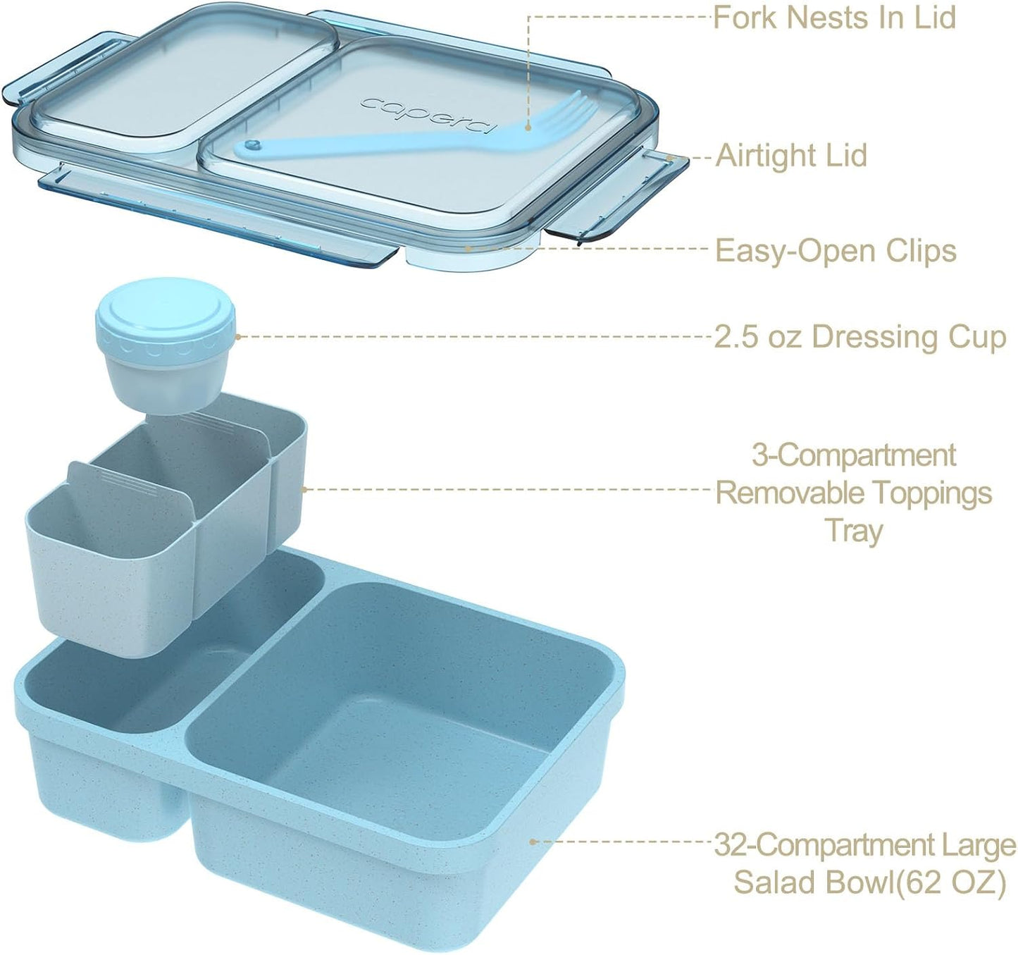 Caperci 2 Pack Salad Container for Lunch - 62 oz Large Bento Lunch Box for Adults, 2-Compartment Meal Prep Container with Removable Toppings Tray, Sauce Cup, Reusable Fork, BPA-Free (Purple & Green)