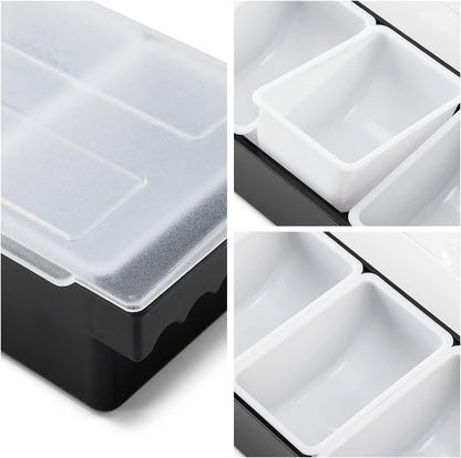 Ice Cooled Condiment Serving Container-6 Compartment Chilled Garnish Tray Bar Caddy with Hinged Lid (6 Compartments)