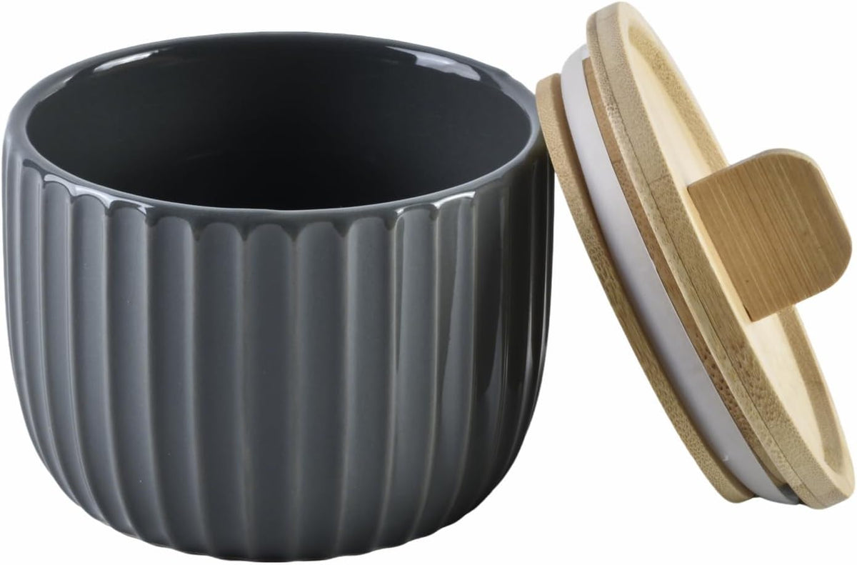 Salt Cellar Keeper with Bamboo Lid, 14oz Big Capacity Ceramic Sugar Bowls Pepper Box, Crackle Glaze Seasoning Container Condiment Pot for Kitchen (Blue Color)