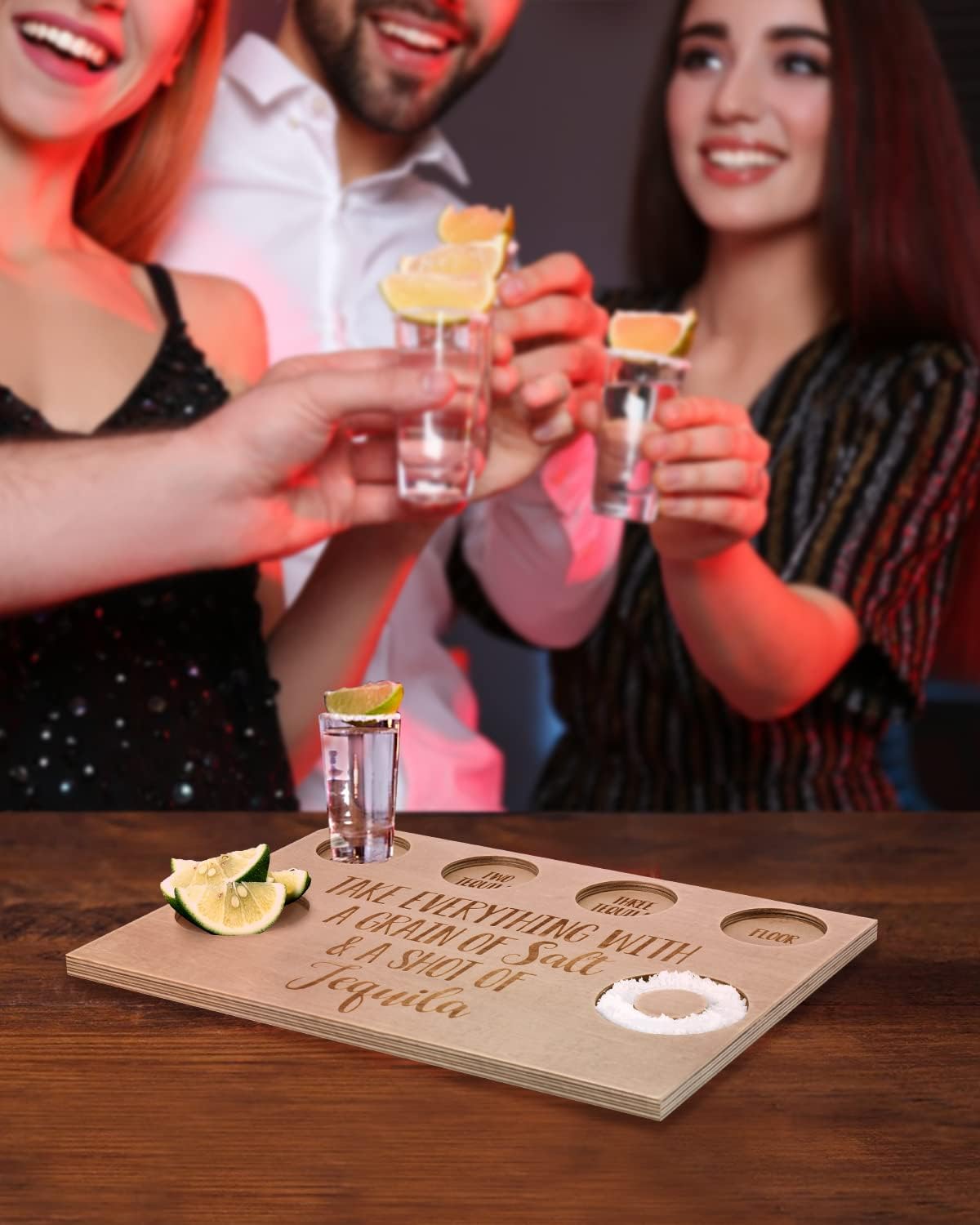 Tequila Gifts for Women and Men - Shot Board and Glass Holder Wooden Bar Tray with Salt Rim - for Liquor, Parties, Weddings, Housewarmings