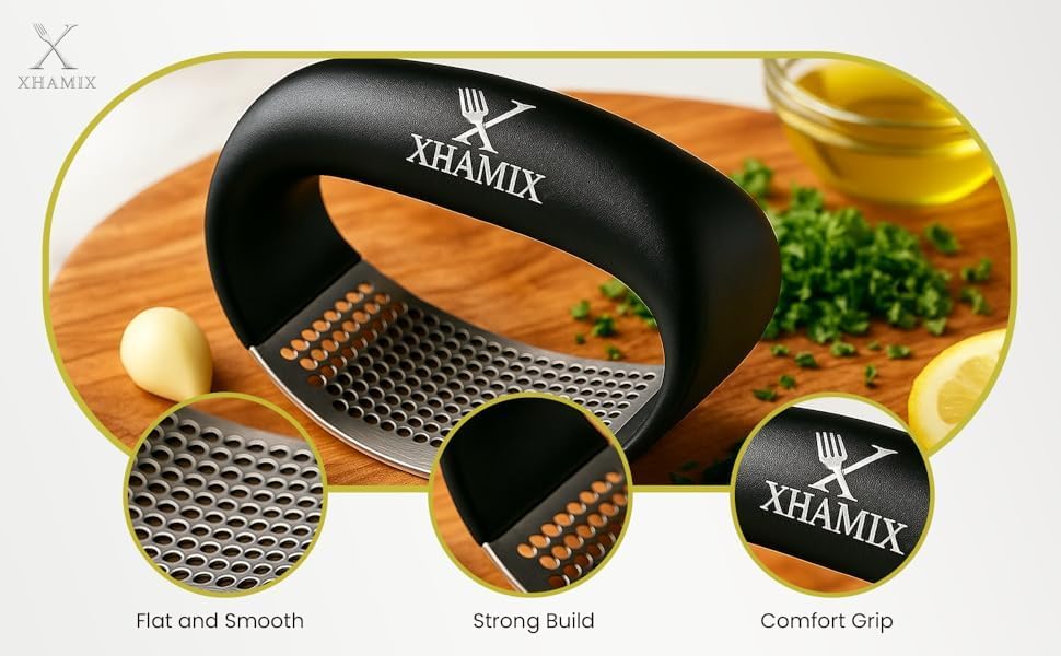 XHAMIX® Stainless Steel Garlic Press Rocker – Effortless Garlic Crusher & Mincer with Ergonomic Grip | Rust-Proof, Dishwasher Safe Garlic Tool for Home & Kitchen