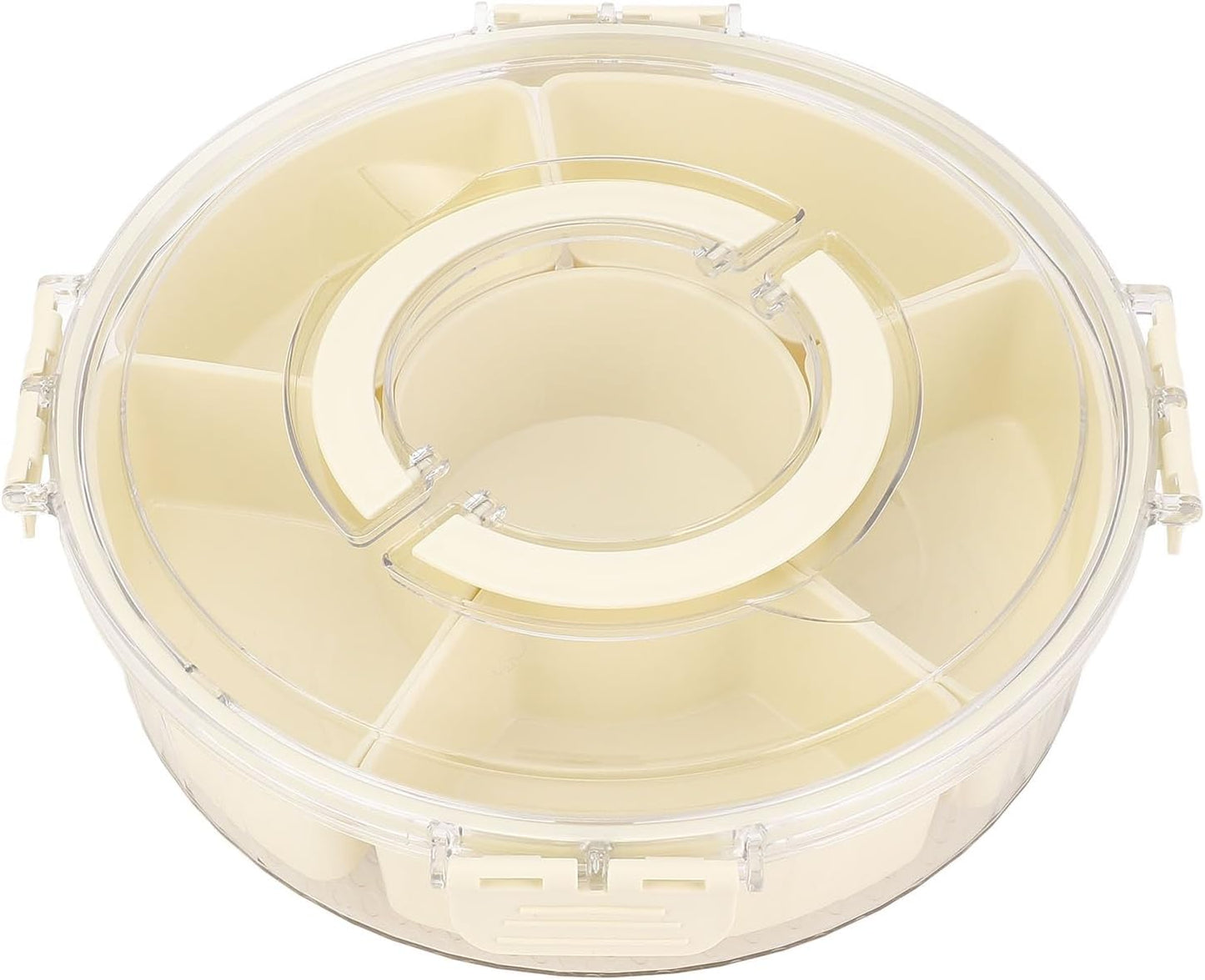 Rotating Snackle Box Container with Lid and Handle, 6 Compartments Round Lazy Susan 360° Divided Serving Tray, Divided Serving Tray for Road Trips Picnics (Large Size)