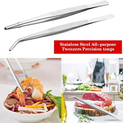 Kitchen Tweezers Stainless Steel 8 Inch Long Tweezers Tongs, Heavy Duty large food tweezers with Precision Serrated Tips for Cooking(8" Straight+Curved)