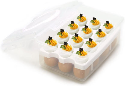 2 Tiers Egg Container Deviled Egg Carrier Eggs Holder with Handle Fridge Freezer Storage by DELIFUR (Green)