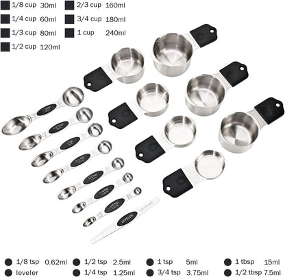 EDELIN Magnetic Measuring Cups and Spoons Set, Stainless Steel 7 cup and 7 spoon with 1 Leveler, 18/8 304 stainless steel (Black 15 sets)