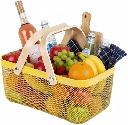 Portable Mesh Harvest Basket - Natural Bamboo Handle Foldable Organizer for Kitchen, Garden & Picnic | Ventilated Storage Bin with Rust-Proof Wire, Space-Saving Farmhouse Decor (Pink)