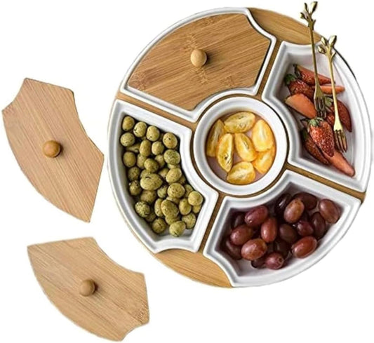 Allure Life Ceramic Appetizer Serving Platter with Bamboo Lid – 5 Section Divided Dish Set for Fruits, Snacks & Dips, White