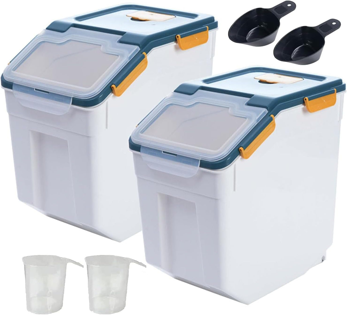 Large Flour Storage Container Bin 25lb, 2Pack Airtight Rice Storage Containers with Measuring Cup&Scoop, BPA Free with Wheels Seal Locking Lid for Flour, Rice, Grain (50LBS Total, Blue)