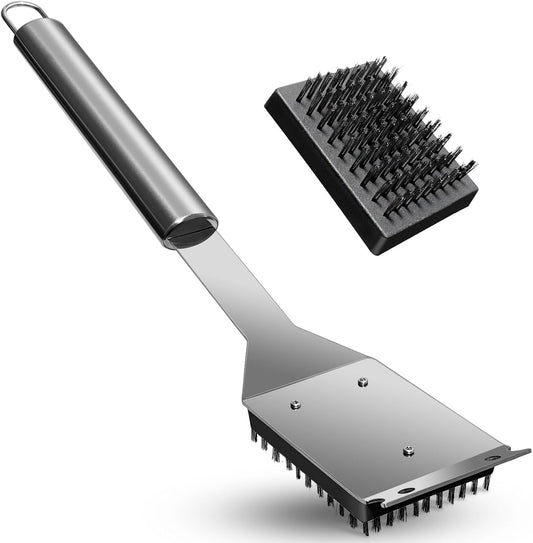 BBQ Grill Brush and Scraper, Heavy Duty Grill Cleaner with Stainless Steel Handle, Replacement Brush Head Included, Grill Cleaning Brush for Gas, Charcoal & Smoker Grill Grates （15 inch）