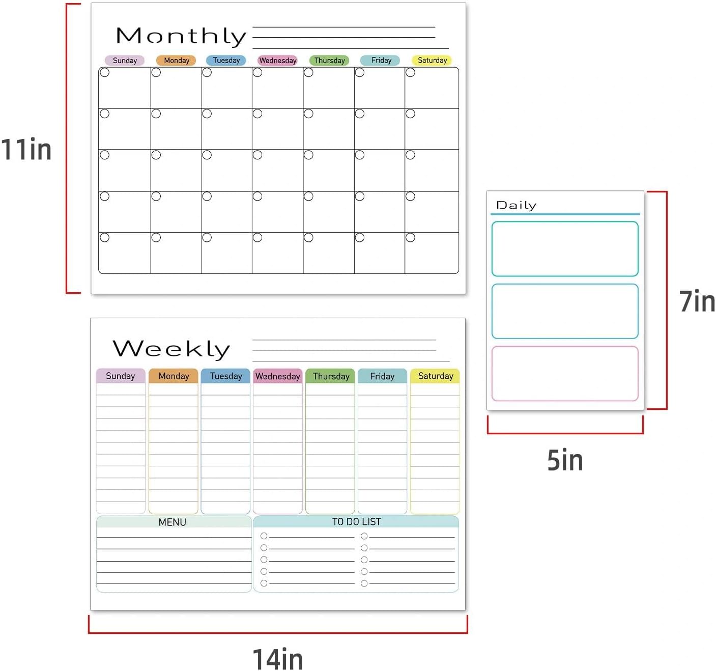 Hivillexun Black Magnetic Dry Erase Calendar for Fridge - 3 Pack Monthly, Weekly & Daily Planner Set (14"x11"), Includes 8 Neon Ultra-Fine Tip Markers & Large Eraser, Reusable Whiteboard for Kitchen