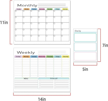 Hivillexun Black Magnetic Dry Erase Calendar for Fridge - 3 Pack Monthly, Weekly & Daily Planner Set (14"x11"), Includes 8 Neon Ultra-Fine Tip Markers & Large Eraser, Reusable Whiteboard for Kitchen