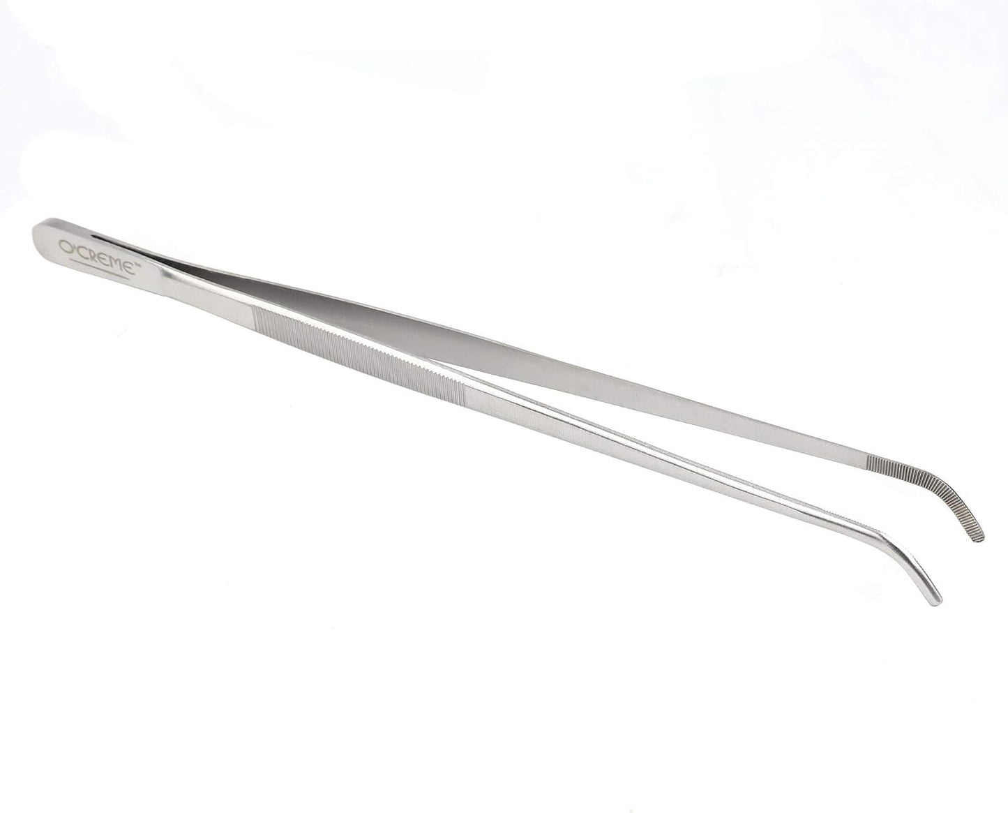 O'Creme Stainless Steel Precision Kitchen Tweezer Tongs with Serrated Tips for Gripping (10" Curved, Silver)