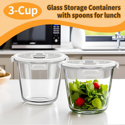 H.JSS WDJS 3Cup Round Glass Food Storage Containers with Airtight lids, 23oz Glass Meal Prep Containers, Heat-Resistant BPA-Free for Soup Leftover, Microwave, Dishwasher and Fridge Safe (white-4Pack)