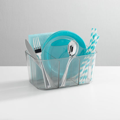 mDesign Plastic Cutlery Storage Organizer Caddy Bin Tote with Handle - Kitchen Cabinet Divided Pantry Basket for Forks, Knives, Spoons, Napkins, Indoor/Outdoor Use, Lumiere Collection, White