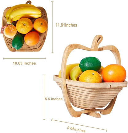 Foldable Bamboo Dried Fruit Basket Apple Shaped Collapsible Bread Nuts Baskets Candy Gifts Fruit Bowl Holder Wooden Snack Box for Kitchen Table