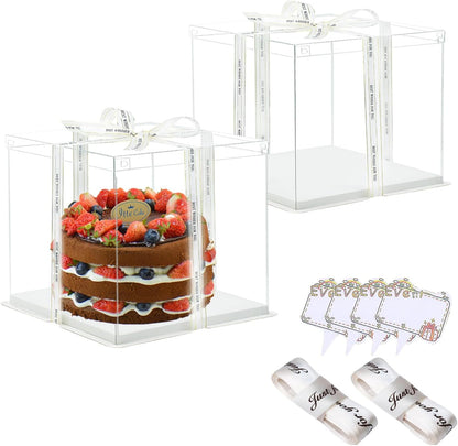 Clear Cake Box, 2 Pcs Transparent Cake Carrier Box with Lids, 4'' PET Packaging Boxes with Ribbon Gift Card for Pastries, Clear Gift Boxes for Birthday, Wedding and Festival Party, White.