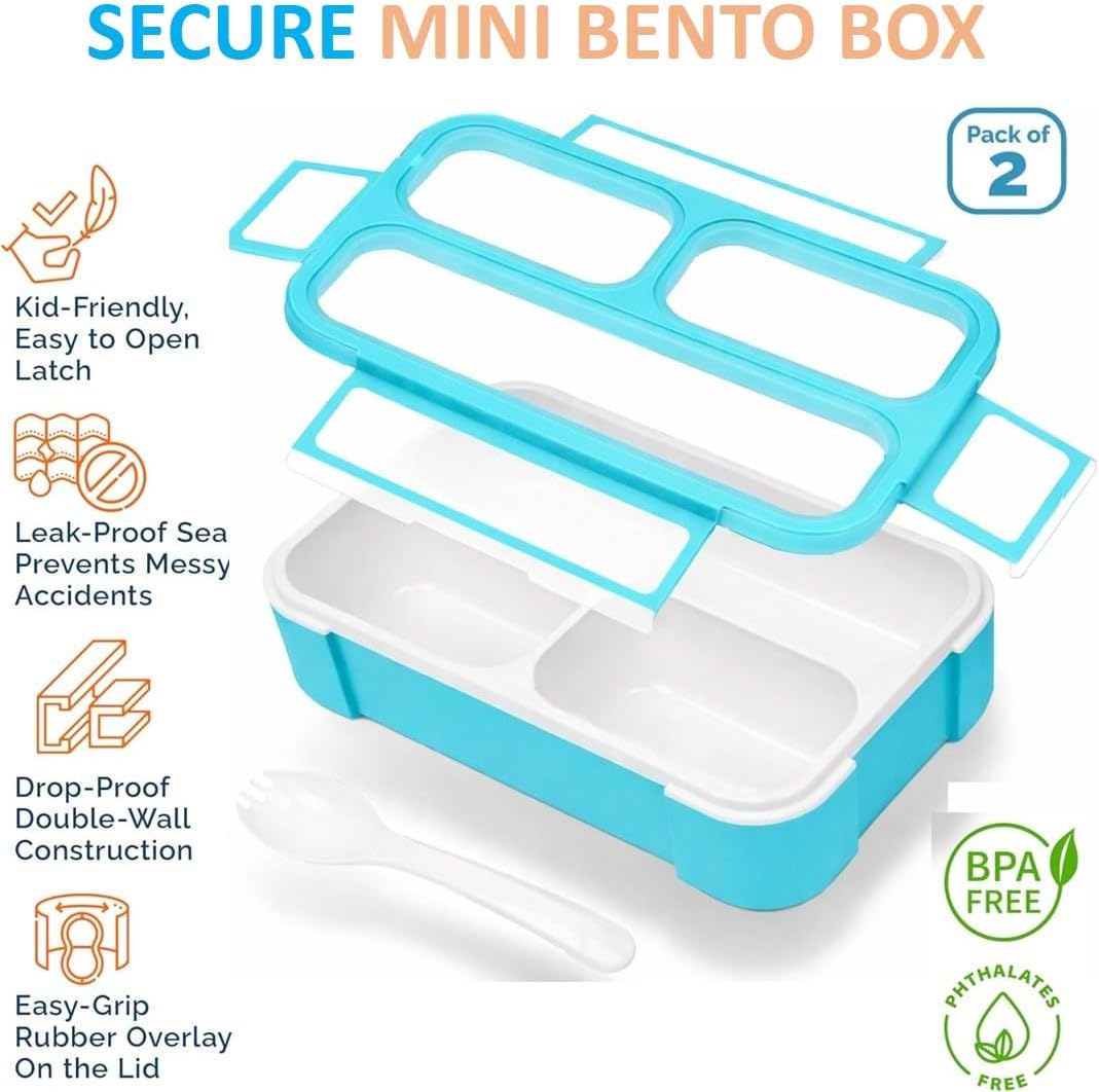 Small Snack Containers for Kids Toddlers - 3 Compartments (Set of 2) - Leak-Proof Reusable Boxes with Lids - BPA-Free Plastic Mini Bento Lunch Box - Holds 2 Cups Capacity (Pastel Blue+Teal Sparkle)