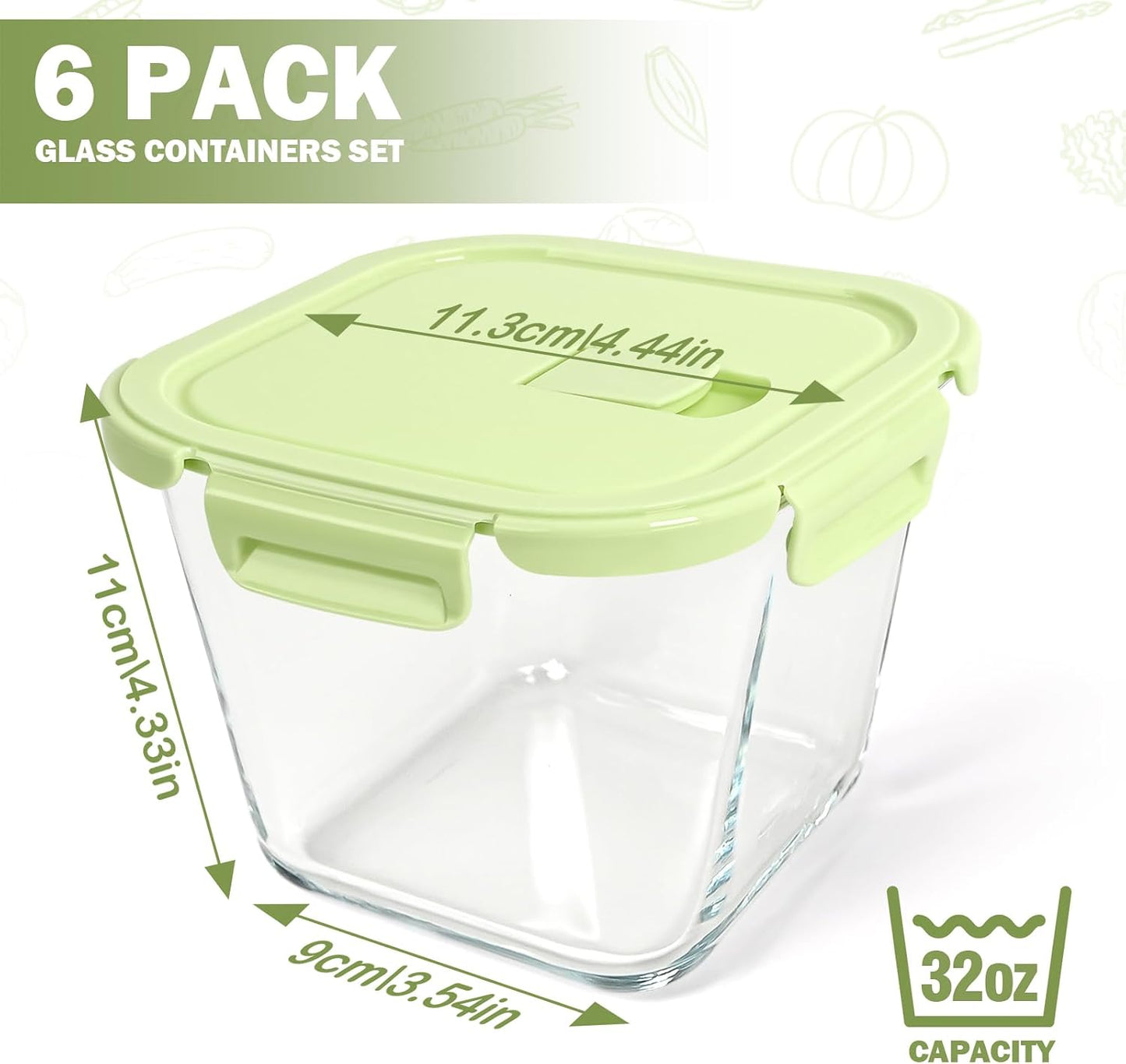 Glass Soup Containers with Lids 32oz - Borosilicate Glass Storage Containers 4 Cup, Freezer to Microwave Safe, Airtight Leak Proof, Square Meal Prep Containers for Lunch Travel- 6 Pack